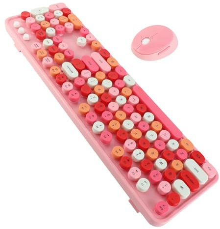 ERYUE 2,4 GHz Kabellose Tastatur, Retro-Schreibmaschinen-Stil, 104-Tasten-Tastatur und Maus-Set für Computer, Ergonomie, Multimedia-Taste (Rosa Thema)