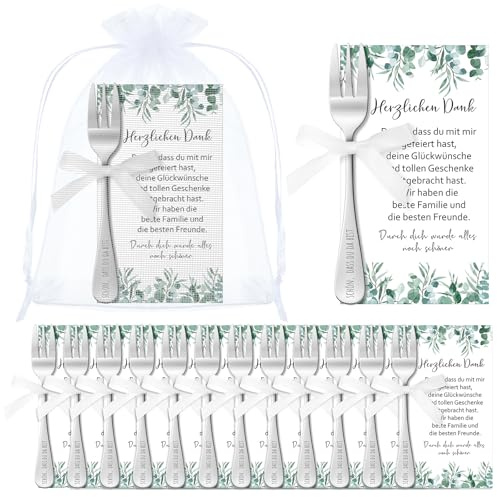 Tenare Hochzeit Geschenk für Gäste Kuchengabeln Organzabeutel, 12 Stück | Gastgeschenke Mit Gravur, Schön Dass Du Da Bist, Dankeskarten Satinband, Polterabend, Taufe, Geburtstag, Jugendweihe