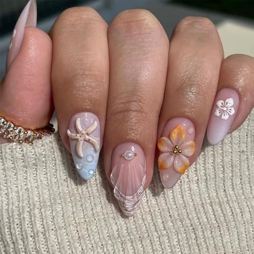 NICENEEDED 24 PCS Summer Beach Press on Nails, 3D Starfish Seashell Hibiscus Flower Fake Nails Medium Almond False Nail, French Tip Full Cover Artificial Nails for Women Manicure