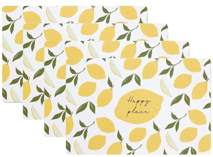 4er Set Platzsets Zitrone 45x30cm Abwaschbare Sommer Tischsets Küche | Moderne Tischdeko. Pflegeleichte Platzdecken im Zitronen Design. Perfekt für Esstisch, Balkon, Garten Happy Place