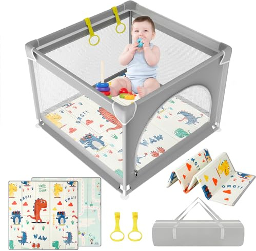 YOBWOK Laufstall Baby 90x90cm,Laufgitter Baby mit Matratze,Kleines Laufstall Faltbar für Apartment, Atmungsaktivem Netz und Reißverschlusstür,Rutschfeste Basis