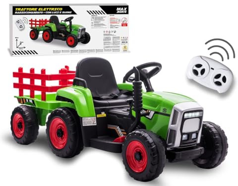 Teorema Giocattoli Trattore Elettrico per Bambini 12V con Radiocomando Parentale, Luci Suoni MP3 USB, Mezzo Cavalcabile Max 30kg, Trattore Giocattolo Robusto con Rimorchio, Guida Avanti e Indietro