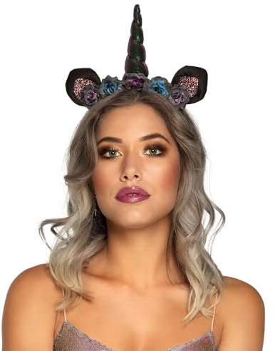 Boland 50029 - Tiara Dark Unicorn, Haarreif Einhorn mit Glitter, für Erwachsene, Horn mit Blumen und Ohren, Kopfbedeckung, Karneval, Fasching, Fastnacht, Halloween, Mottoparty