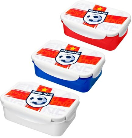 HOMESHOPA Plastic Lunch Box, 900ml 3 Pk Clip & Lock Airtight Food Storage Containers, England Football Print BPA free Leakproof Reusable Sandwich Boxes (Red/Blue/White)