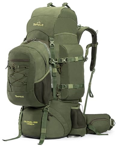 Tripole Colonel Pro Rucksack Mit Metallrahmen | Frontöffnung | Abnehmbare Tasche | Regenschutz (105 Liter, Armeegrün)