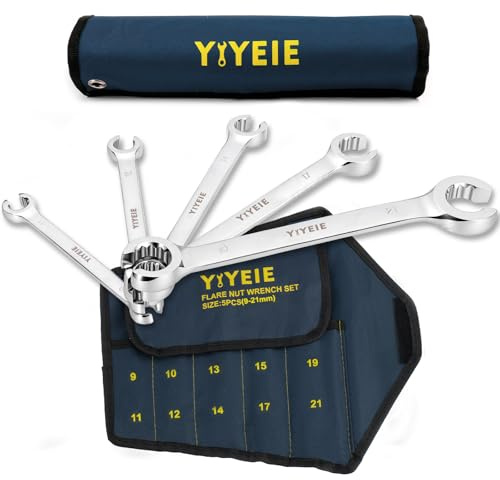 YIYEIE Brake Pipe Spanner Set 5-Pc (10 Size), CR-V Steel, 15-Degree Offset | Mirror Polish Finish | 9, 10, 11, 12, 13, 14, 15, 17, 19, 21mm Flare Nut Spanner | Open Ring Spanner for Brake Line,Hydraulic
