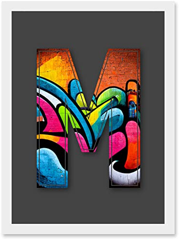 Wee Blue Coo Letter M Tagging Orange Blue Pink Decorative Graffiti Mural Alphabet Initial Stencil Artwork Framed Wall Art Print A4