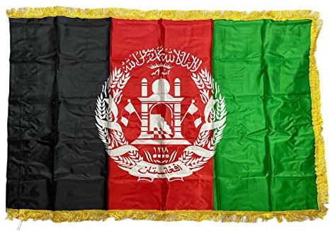 Stormflag Afghanistan Satin mit goldene Fransen Flagge en big Logo 90cmx150cm Polyester mit goldenen Fransen