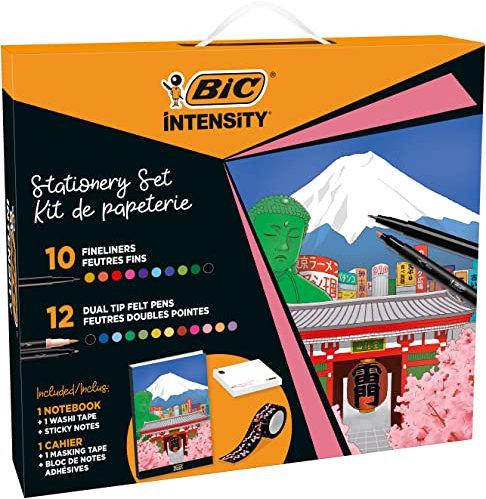 BIC Intensity Stifte Set Japan: 10 Fineliner, 12 Dual Tip Brush Pens, 1 Notizbuch und 1 Klebezettel Block, Ideal als Geschenk