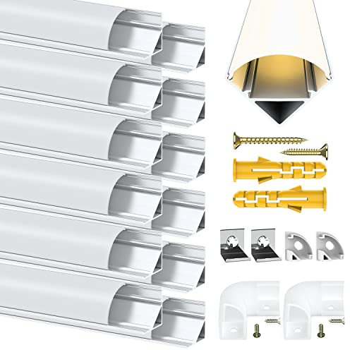 Angdarun LED Profil, V-Form 12 Stück x1M, LED Aluminium Profil für Led Leiste, Led Eckprofil/Kanal, mit Milchiger Weiß Abdeckung, Eckverbinder, Montageclips für LED-Streifen (V-Form-12 Stück)