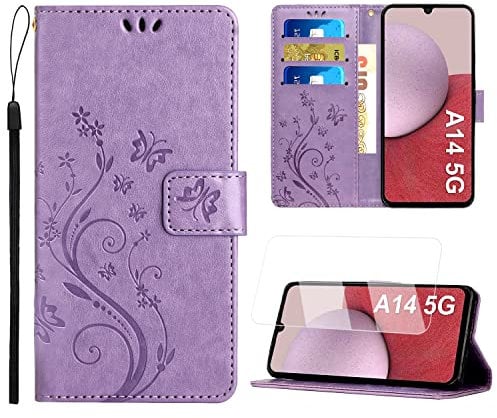 ANSHOW for Samsung Galaxy A14 Wallet Case with Wrist Strap, with Screen Protector, Flip Leather Case with Cards Holder Phone Case with Kickstand Cover for Samsung A14, Purple
