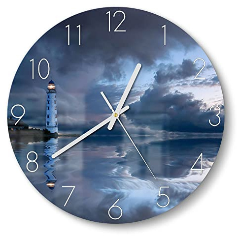 DEQORI Glasuhr | rund Ø 30 cm | Motiv Leuchtturm im Abendlicht | ausgefallene leise Design Uhr aus Glas | Wanduhr für Wohnzimmer & Küche | moderne Hingucker Uhr für die Wand