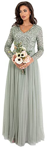 Maya Deluxe Women's Long Sleeve V-Neck Wedding Guest Dress Green Lily Size 16 UK