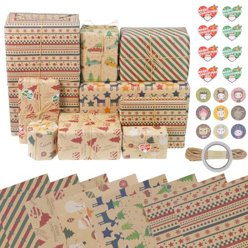 GOLDEROC 8 Blätter Geschenkpapier Weihnachten 70 x 50cm,Weihnachtspapier Geschenkpapier Set mit Aufkleber Weihnachten,Sticker Kinder,Doppelseitigem Klebeband und Papierseil