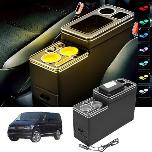 QSULNN Upgrade Mittelkonsole mit 7 Farben LED-Leuchten und USB Aufladestation Kompatibel mit VW T4 T5 T6 T7 T6.1 2003-2019, Acrylplatte Armlehne Aufbewahrungsbox Schwarz Glanz Leder Zubehör