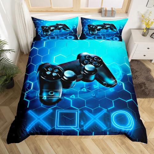 Gaming Bedding Duvet Cover Set Kids Gamer Blue Video Game Bedding Set Games Console Honeycomb Comforter Cover for Boys Hexagon Geometric Bedding Double Size