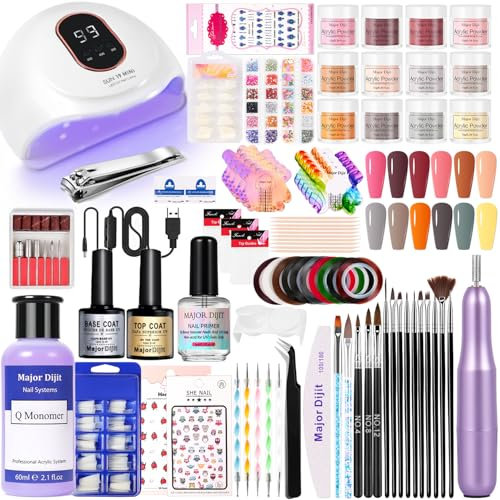 Major Dijit Kit d'ongles en acrylique avec perceuse, 12 couleurs, poudre acrylique, liquide acrylique, top coat, base coat et apprêt à ongles, kit complet de nail art pour débutants, pour salon de