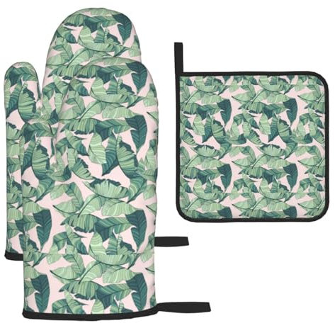 Ufuson Set di guanti da forno e presine antiscivolo con stampa di foglie di palma verde, 14 x 28 cm, per cucina, barbecue, cottura