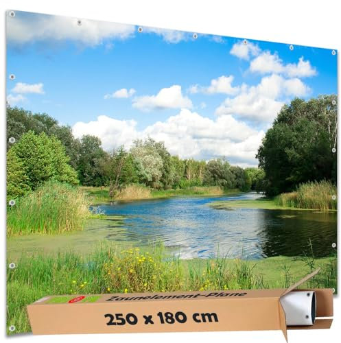 TRIOSK Sichtschutz Garten Deko Zaun Plane Blickdicht groß mit Zaunblende Motiv Fluss Ufer Wasser Wiese für Zaunelement Doppelstabmatten Stabmattenzaun Gartenzaun PVC 250x180 cm