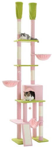 PETEPELA Arbre à chat hauteur plafond avec grand condo réglable en hauteur de 216 à 285 cm, 5 niveaux avec hamac confortable, plateformes et balles de dangling rose