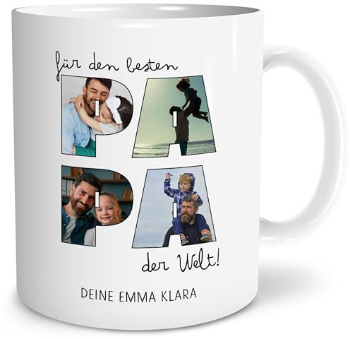 OWLBOOK® Vatertagsgeschenk für Papa - Personalisierte Tasse mit Foto - Fototasse mit 4 Fotos & Text selbst gestalten - Bester Papa - Geschenke Geburtstagsgeschenk | Keramik 300 ml