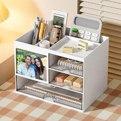 SOSINYA Organizador de escritorio con cajón, caja de almacenamiento, organizador de suministros de oficina de plástico para oficina, escuela, casa, apilables, para pen, maquillaje (A)