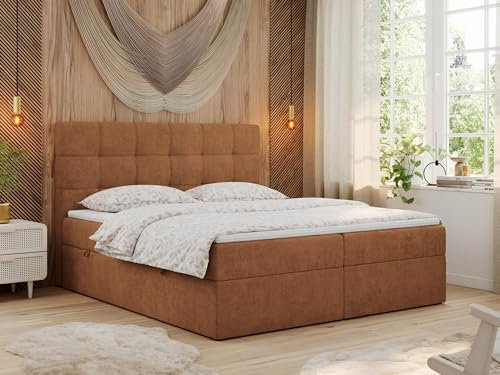 MKS MEBLE Boxspringbett 200x200 mit Matratze, Bett mit Multipocket - Matratze H4 und Topper, Polsterbett 200x200 mit Bettkasten und Kopfteil, ERNI - Orange Stukture