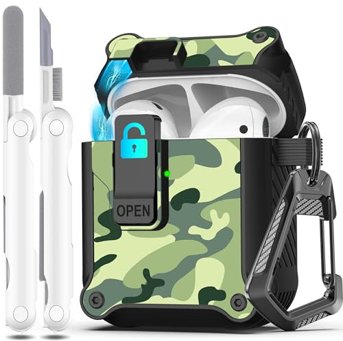 R-fun Compatible con AirPods 2.ª generación 2019, 1.ª Gen 2016 Funda Protectora, protección Total contra caídas, Tapa emergente automática para Funda Apple Airpods con Kit de Limpieza,Camuflaje Lluvia