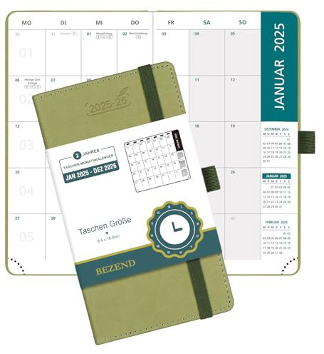 BEZEND 2 Jahres Kalender 2025 2026, Terminplaner 16,8 x 9,7 cm, 1 Monat auf 2 seiten von Jan 2025 bis Dez 2026, PU-Leder Hardcover Monatsplaner mit Innentasche - Kiwi