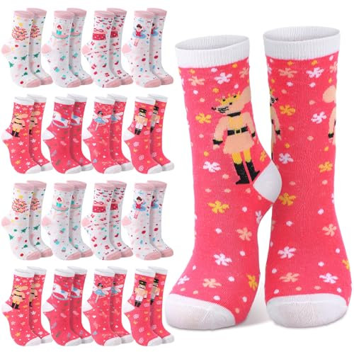 Jadive 16 Pairs Pink Christmas Nutcracker Socks Ballet Sock Nutcracker Women Novelty Socks Winter Fuzzy Sock Dance Lover Gift(Ballet Nutcracker)