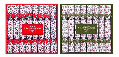 YöL Pack of 16 Mini Saucer Christmas Crackers Afternoon Tea Breakfast Xmas Table Decorations Green Red Holly