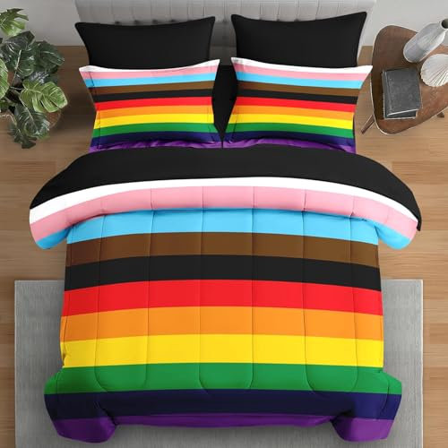 Pamnest 5-teiliges Bettwäsche-Set für Doppelbett, Pride-Flagge, Regenbogenstreifen, Bettlaken-Sets mit Spannbetttuch, Kissenbezug und Kissenbezug
