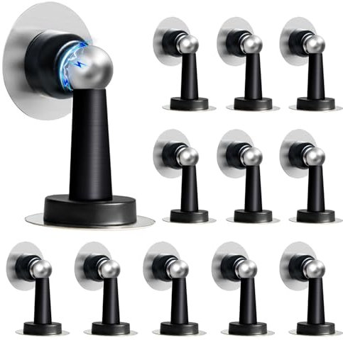 Shackcom Black Magnetic Door Stopper 12 Pack, Door Stop Stainless Steel, with Double-Sided Adhesive Tape for Wall and Floor Mounting Hold Your Door Open