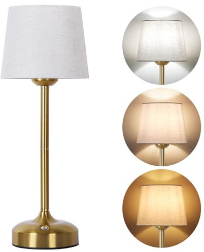OUTON 40cm Kabellose Dimmbare Tischlampe mit 3 Farbtemperaturen, 5200mAh Akku, Touch Nachttischlampe mit Memory Funktion, Stoffschirm für Schlafzimmer, Wohnzimmer, Esszimmer, Terrasse (Gold)