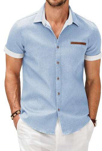 COOFANDY Shirts Mens Short Sleeve Summer Denim Business Casual Dress Shirt Cotton Designer Non Iron Shirt Cowboy Western Button Down Work Shirts Pale Blue S