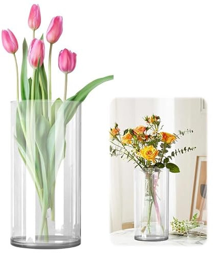RANJIMA Florero de cristal, 25 cm de alto, jarrón cilíndrico de cristal, jarrón grande, redondo, moderno, cilindro de cristal con base, jarrones de cristal, tamaño grande, para decoración de mesa