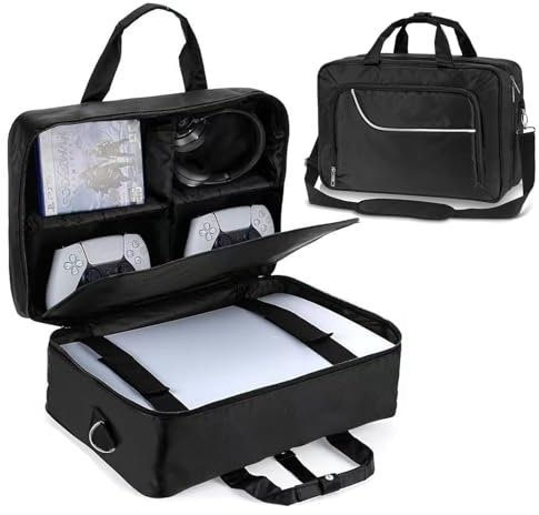 Kikcrrou Tragetasche für PS5, Tasche Kompatibel mit Unterteilbaren Fächer, Tragetasche für PS5 Pro mit 3 Tragemöglichkeiten, Tasche für PS5 Controller,PS5-Spiele,Gaming-Headset und Zubehör - Schwarz