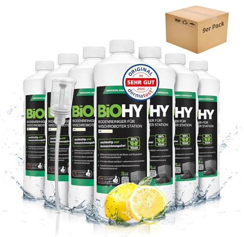 Nettoyant sol BiOHY pour station de robot serpillière avec parfum frais (9 x 1 litre) + doseur, agent de nettoyage concentré pour tous les aspirateurs serpillières et robots avec fonction humide