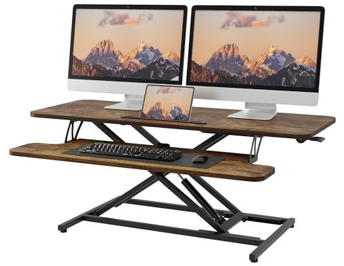 ERGOMAKER Standing Desk Converter, 42/106cm Wide Height Adjustable Quick Sit to Stand Up Desk Riser with Keyboard Tray Desktop Workstation Riser for Home Office, Rustic Brown