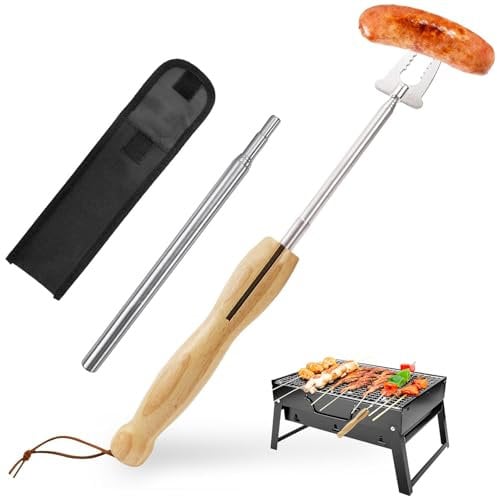 Sinirttou Grillspieße Grillgabel Spieße Ausziehbar,Grillspieße Lagerfeuer, 2 Stück Edelstahl Ausziehbar Holzgriff, mit Teleskop Blasrohr Grillgabel Ausziehbar 81cm,Grillbesteck Set für Camping Grill