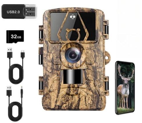 Wildkamera mit 8K Video, 60MP Full HD, WLAN & Handyübertragung APP, Bewegungssensor, Nachtsicht, 0,1s Auslösezeit, Infrarot Wildtierkamera, Wasserdicht IP66, inkl. 32G Speicherkarte & Kartenleser