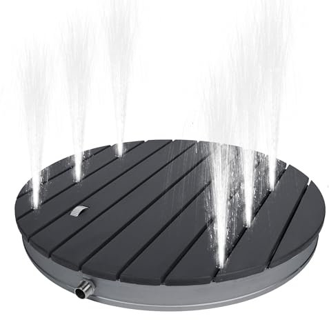 PEILU WPC Bodendusche Außendusche Einstellbare mit Fußrad & rutschfeste Standfläche Wetterfest Holzoptik Gartendusche Fontänenhöhe bis 4m Campingdusche für Strand Garten (Rund, Schwarz)