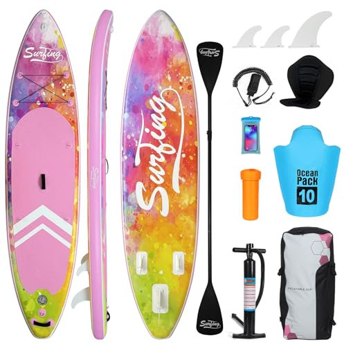 YU YUSING Paddle Gonflable Adulte 335cm, Planche de Stand up Paddle Gonflable 2 Personnes, Siège de Kayak, avec Pagaie Aluminium, Support Caméra, Pompe, pour Tous Niveaux, jusqu'à 150 kg, Violet Rosé
