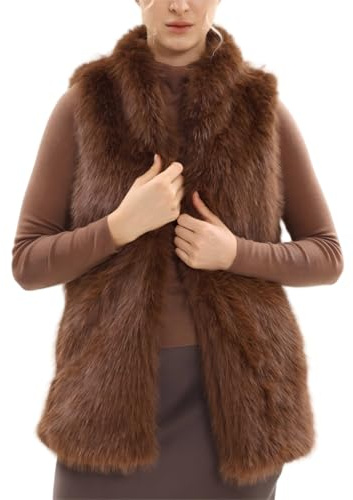 Amazhiyu Gilet da donna in pelliccia sintetica, caldo gilet con tasca e cintura, senza maniche, girocollo, cardigan lungo per inverno/autunno UK, Marrone, M