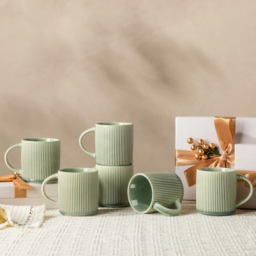 GBhome Stoneware Coffee Mugs Set of 6, 350 ml Coffee Cups with Large Handle for Latte, Cappuccino, Milk,Cocoa, Dishwasher Safe Mug Sets, Quiet Green