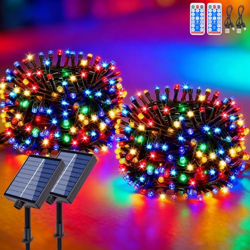 ZCLIKEU 2 Stück Lichterkette Außen Solar 20m 200LEDs Bunt, 8 Modi Wasserdicht Solar Lichterkette Aussen mit Timer Fernbedienung & USB für GartendekoTerassen Hochzeiten Balkon