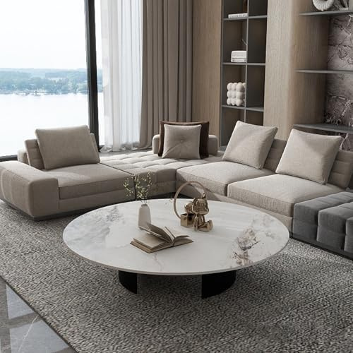 TUPAFJU Table Basse Ronde Moderne en Verre pour Salon, Table Basse avec Plateau en Ardoise, Gris foncé, Blanc, pour Bureau(C,90cm)