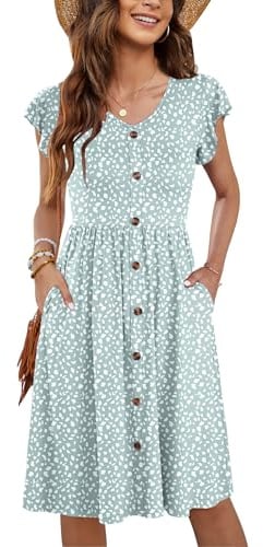 MOLERANI Damen Sommerkleider Rüschen Ärmel V-Ausschnitt Casual Swing Elastische Taille Midi Kleid mit Taschen S-2XL