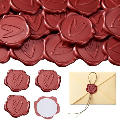 YAZWUR 30 Stück Selbstklebend Wachssiegel Aufkleber Vintage Hochzeit Klassische Dekoration für Einladungen, Umschläge, Geburtstage und Partys (Herz) (Weinrot)