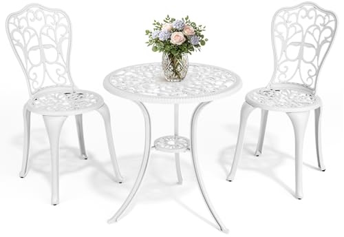 Pamapic Bistroset 3-delat, bistrobord med 2 stolar & öppning för paraply med hål för solbrämsla, aluminium trädgårdsmöbler, balkongmöbler för terrass, veranda, trädgård, vit